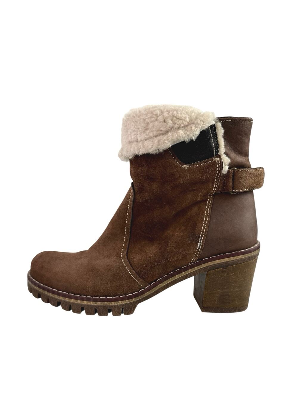 Manas Women's Brown Suede Sherpa Fold Over Buckle Strap Zip Snow Boots 38 US 7.5